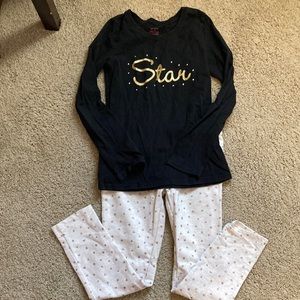 2 piece set. Black and gold top with cream and gold thick leggings. 7/8